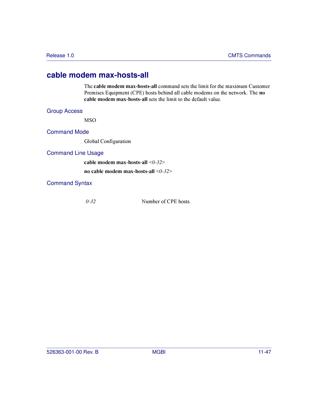 Motorola BSR 2000 manual Cable modem max-hosts-all 0-32no cable modem max-hosts-all 