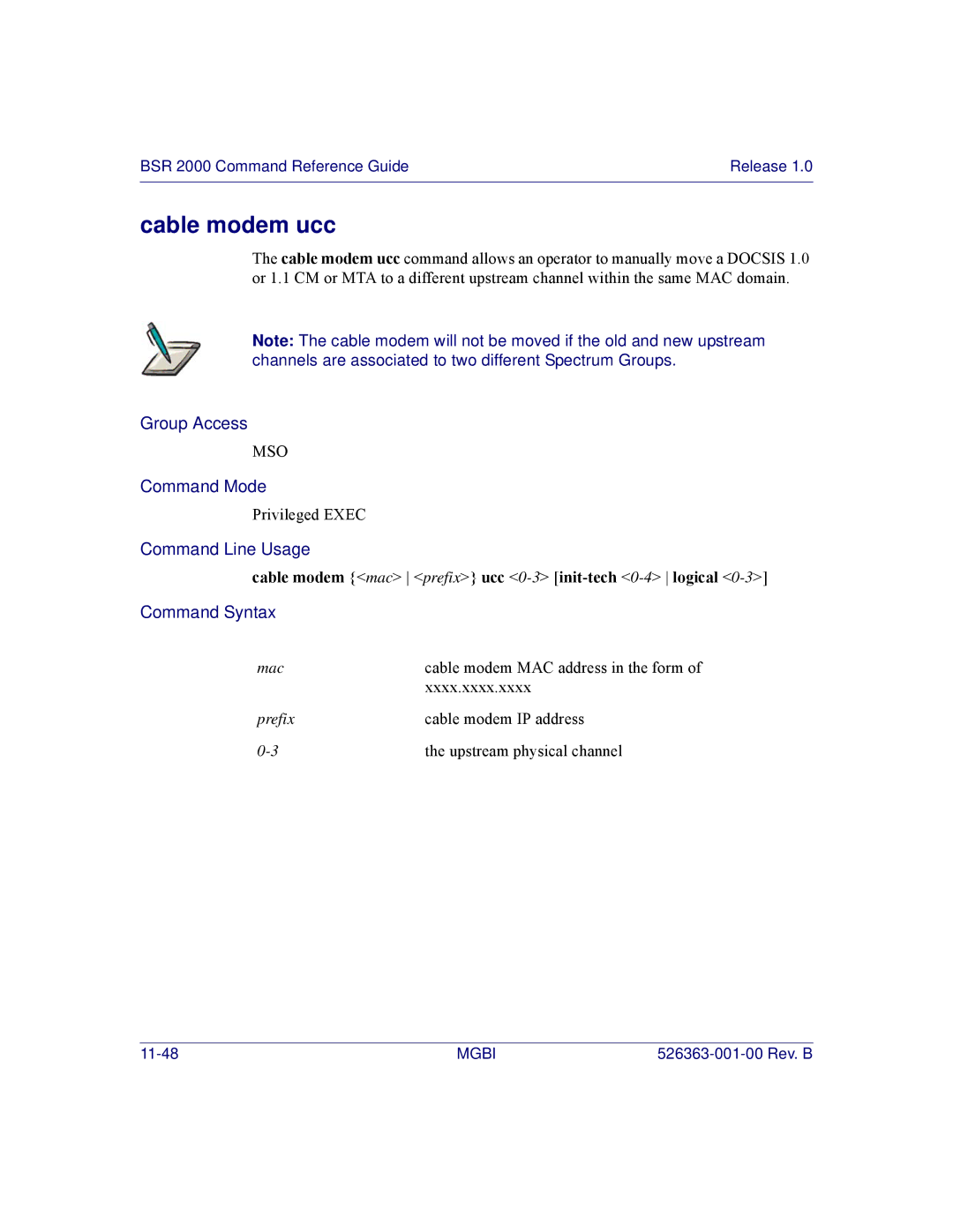 Motorola BSR 2000 manual Cable modem ucc, Cable modem mac prefix ucc 0-3init-tech 0-4 logical 