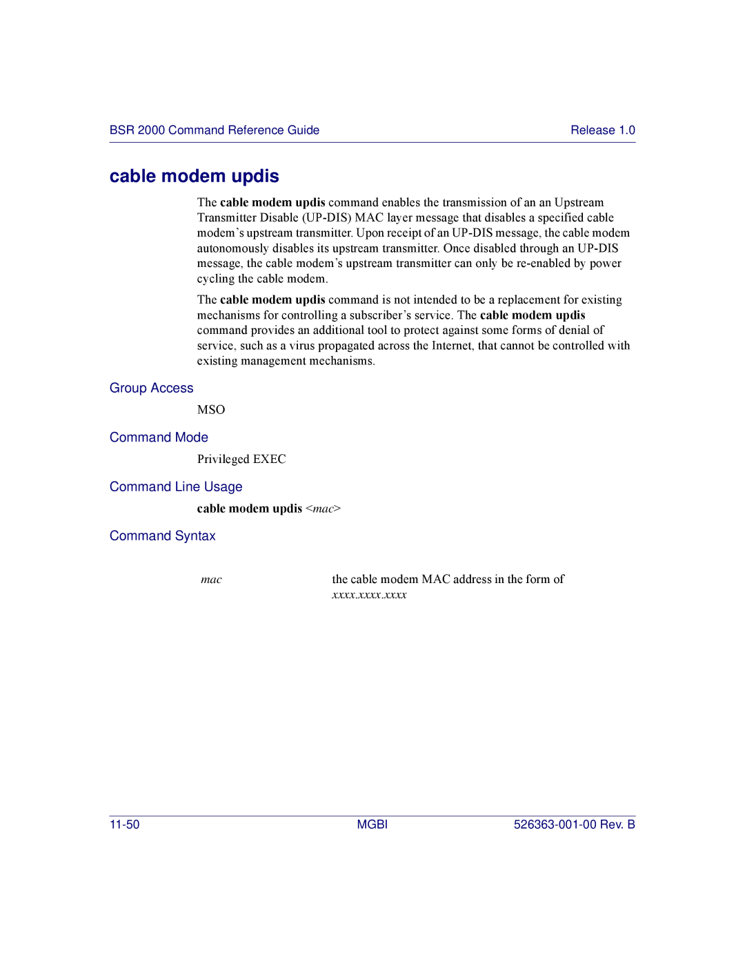 Motorola BSR 2000 manual Cable modem updis mac 