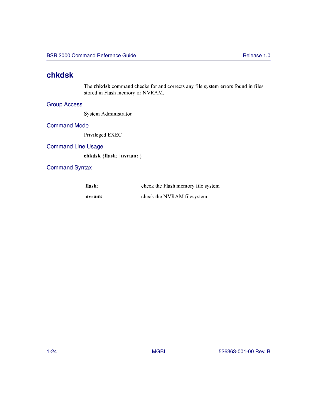 Motorola BSR 2000 manual Chkdsk flash nvram, Nvram Check the Nvram filesystem 