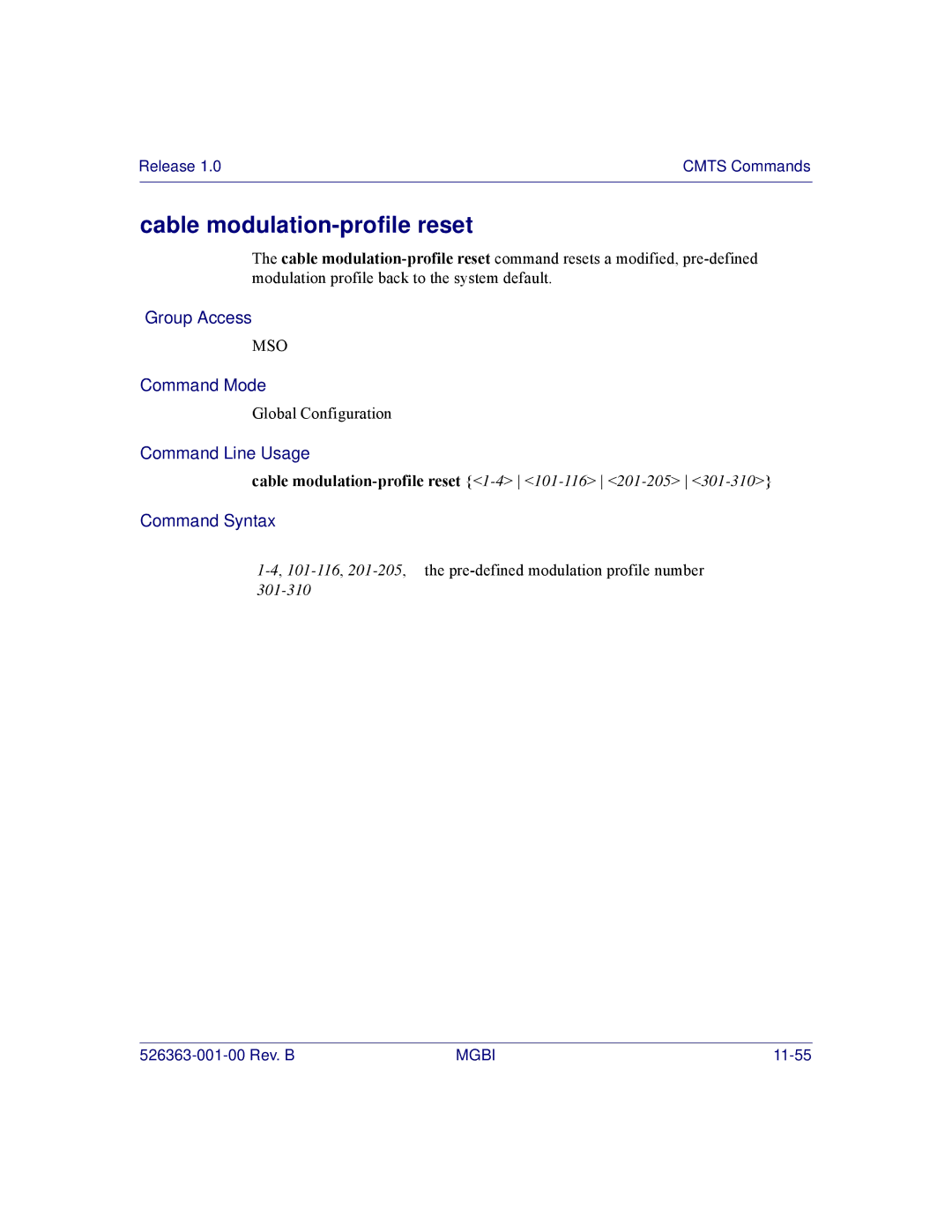 Motorola BSR 2000 manual Cable modulation-profile reset 1-4 101-116 201-205 