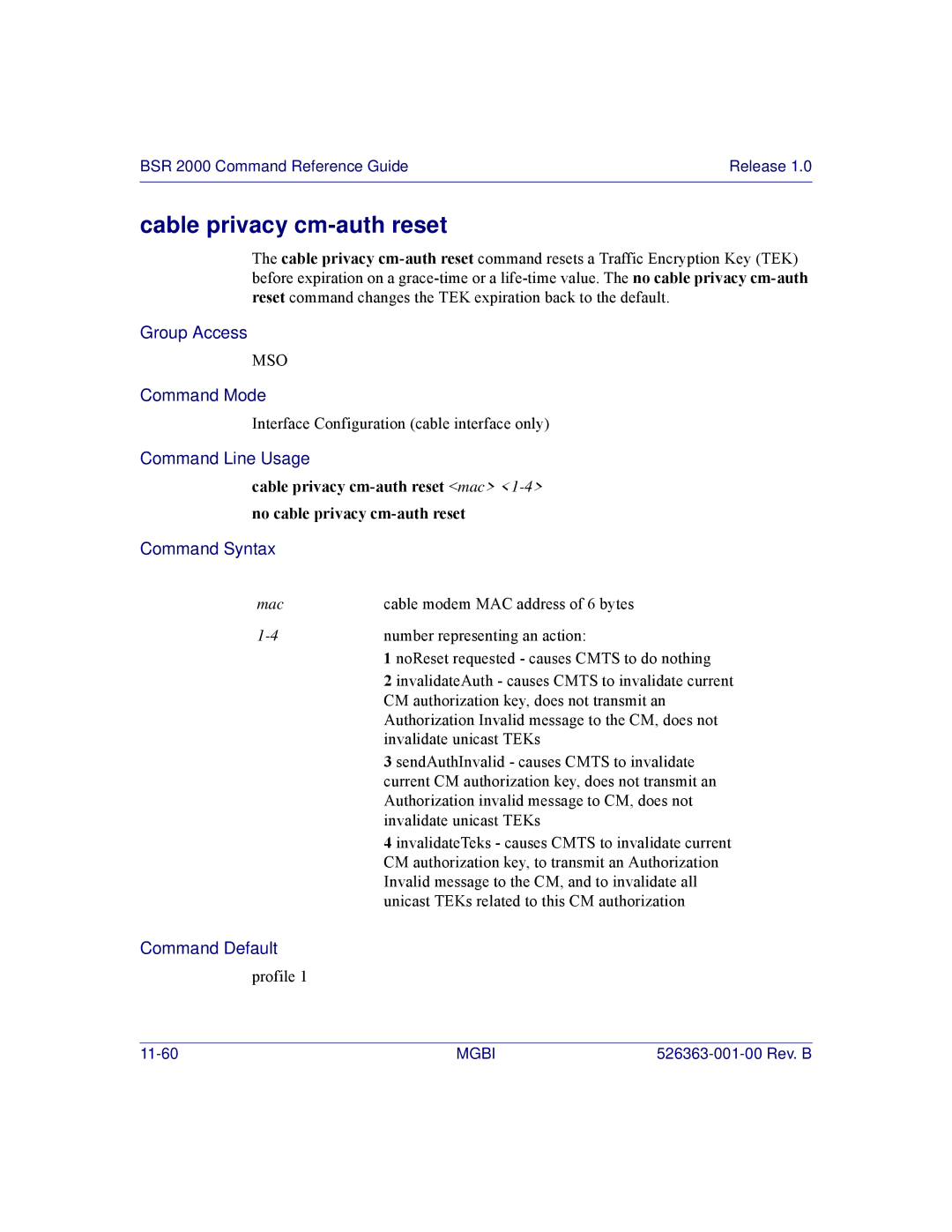 Motorola BSR 2000 manual Cable privacy cm-auth reset 