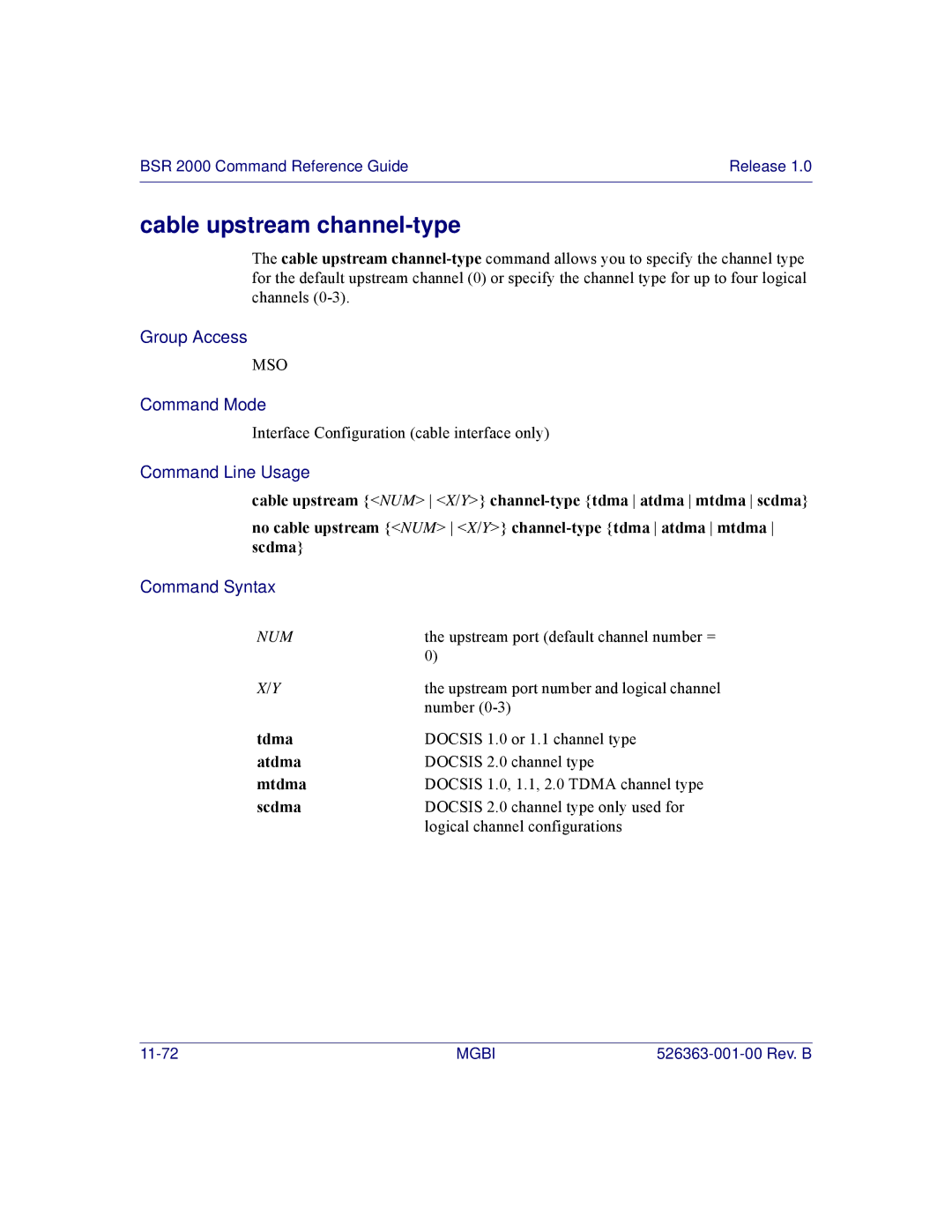 Motorola BSR 2000 manual Cable upstream channel-type, Tdma, Atdma, Mtdma, Scdma 