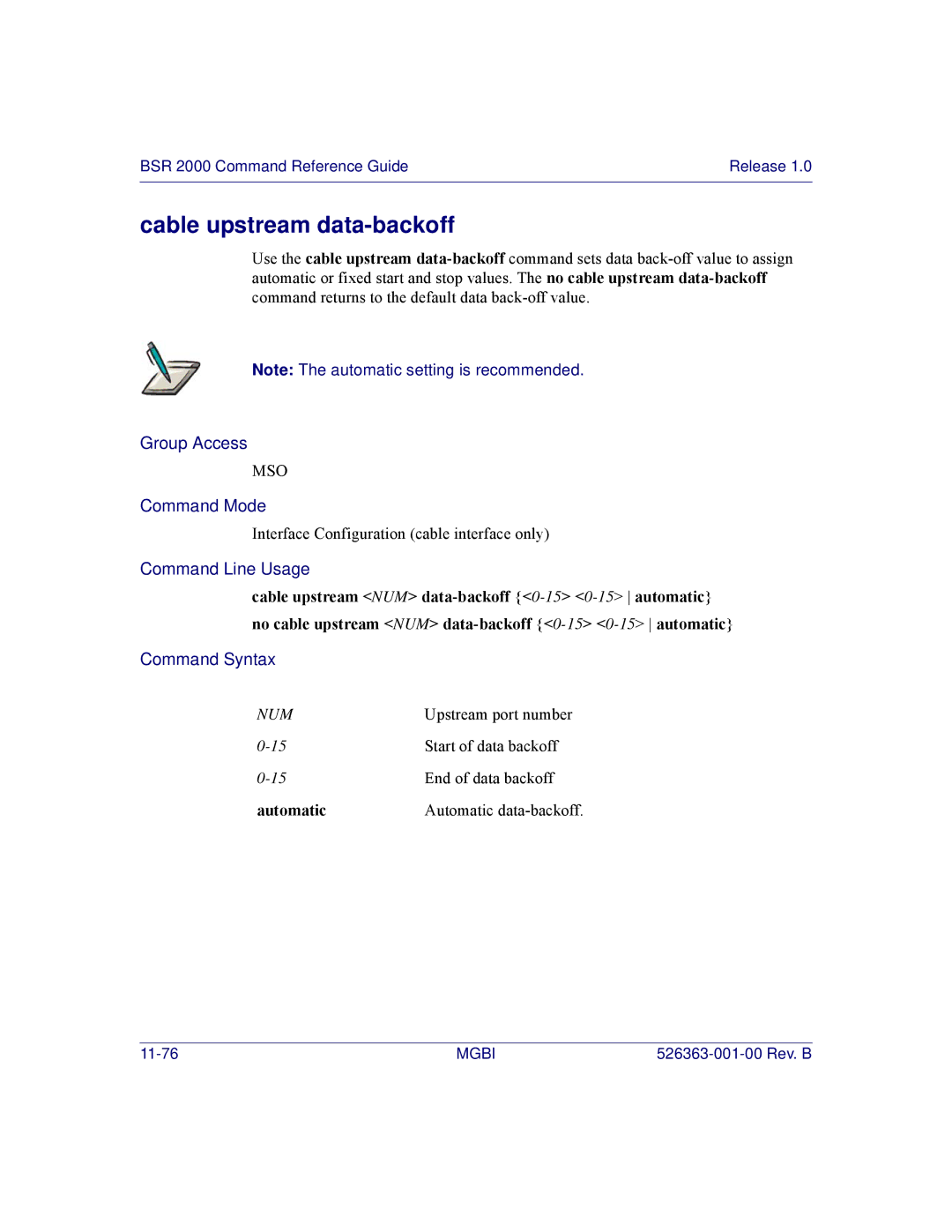 Motorola BSR 2000 manual Cable upstream data-backoff, Automatic 