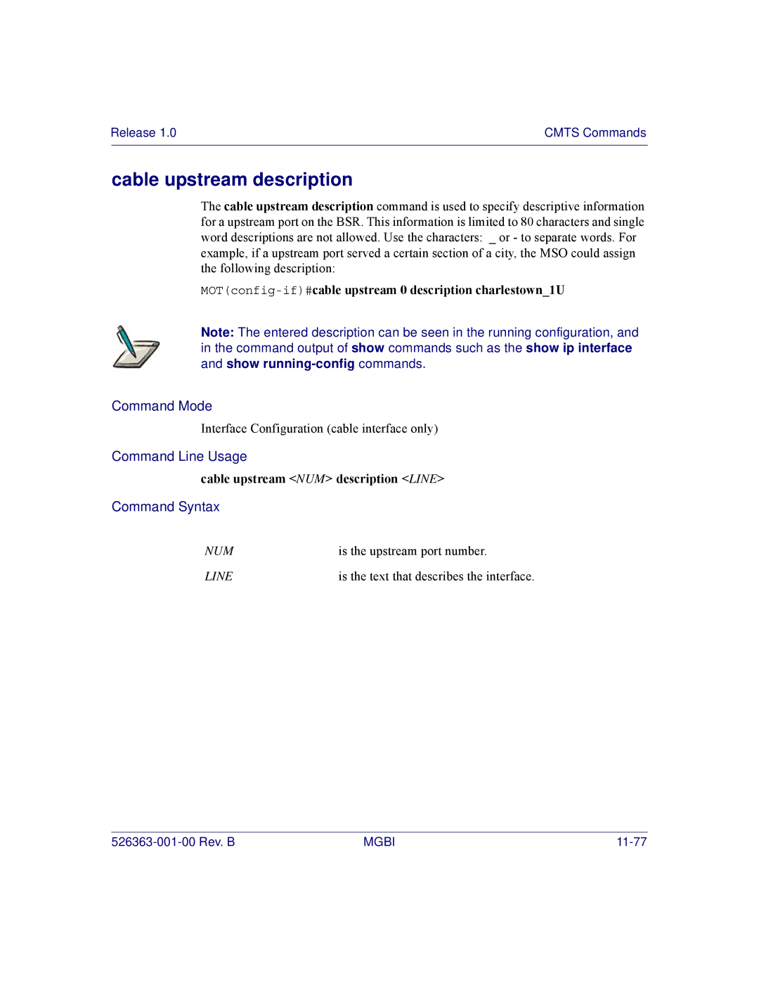 Motorola BSR 2000 manual Cable upstream description, MOTconfig-if#cable upstream 0 description charlestown1U 