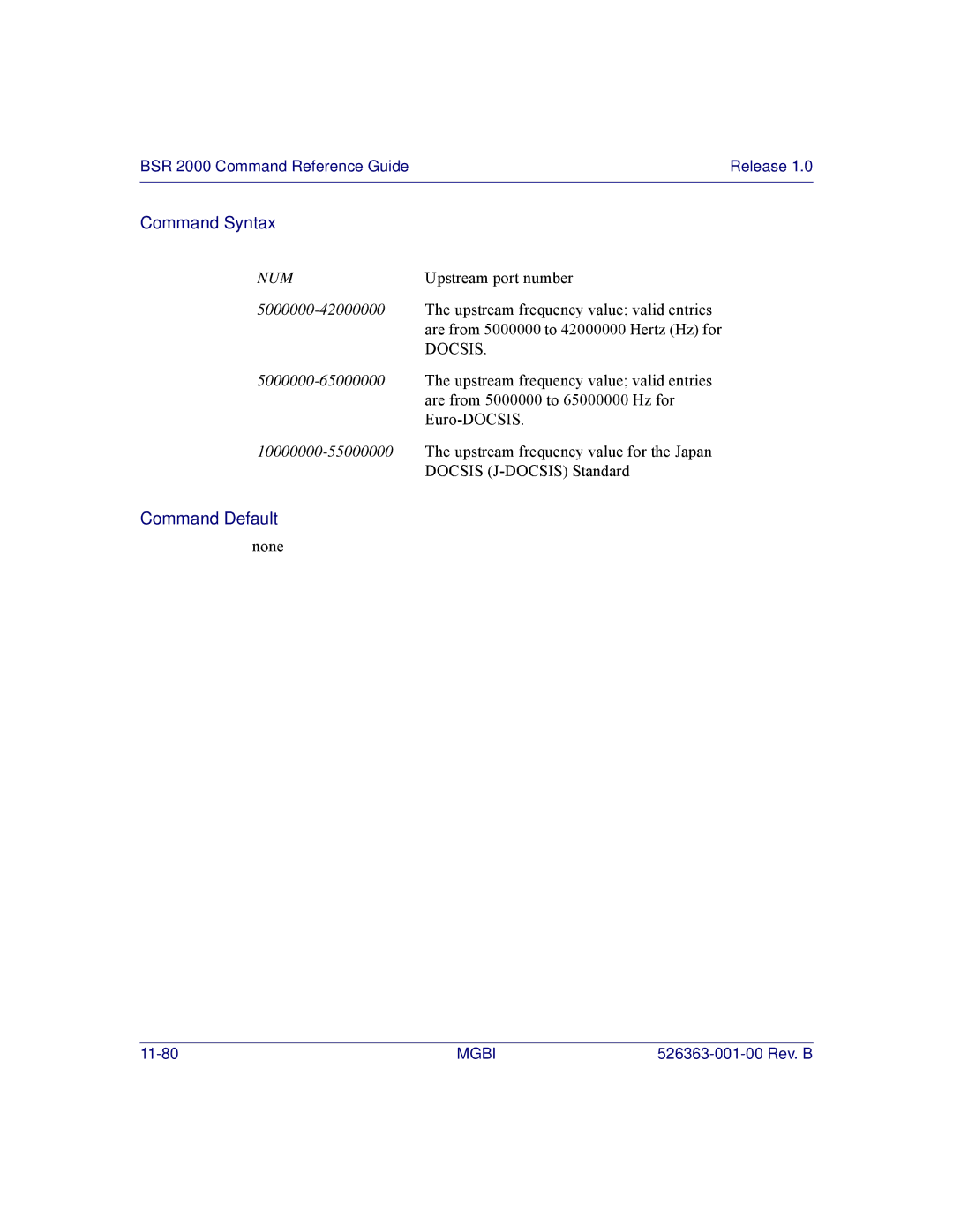 Motorola BSR 2000 manual Upstream frequency value valid entries 