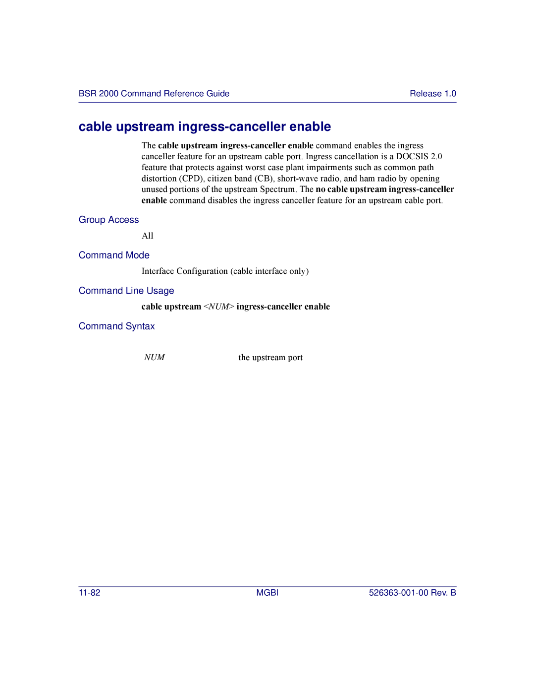 Motorola BSR 2000 manual Cable upstream ingress-canceller enable, Cable upstream NUM ingress-canceller enable 