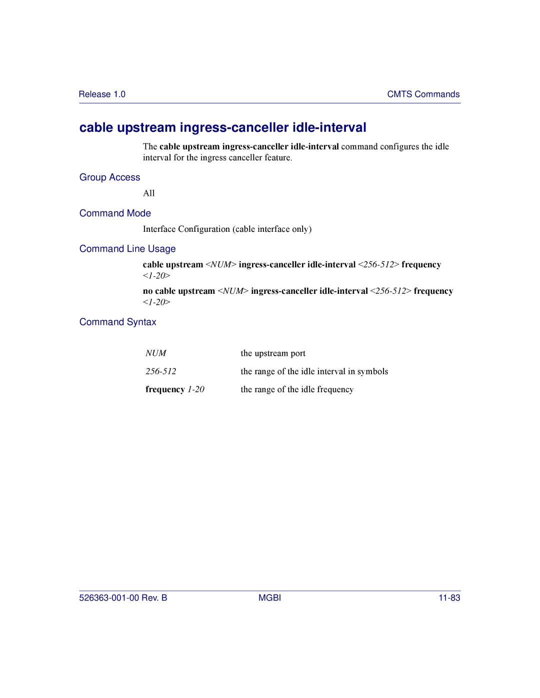 Motorola BSR 2000 manual Cable upstream ingress-canceller idle-interval, Frequency 