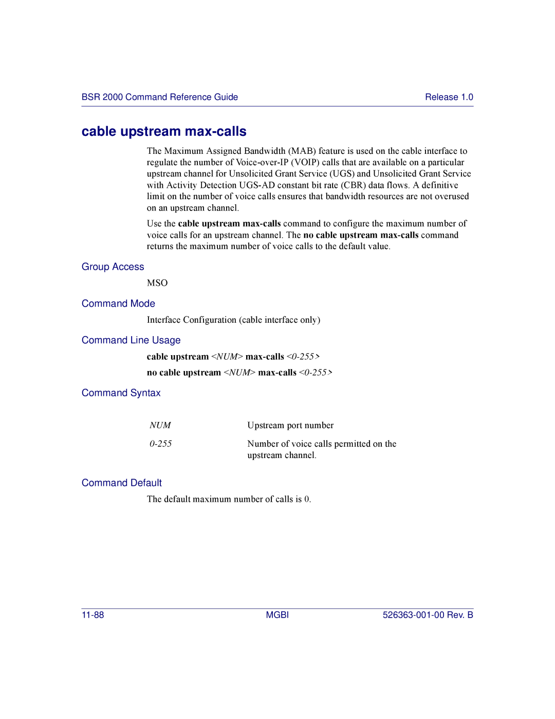 Motorola BSR 2000 manual Cable upstream max-calls 