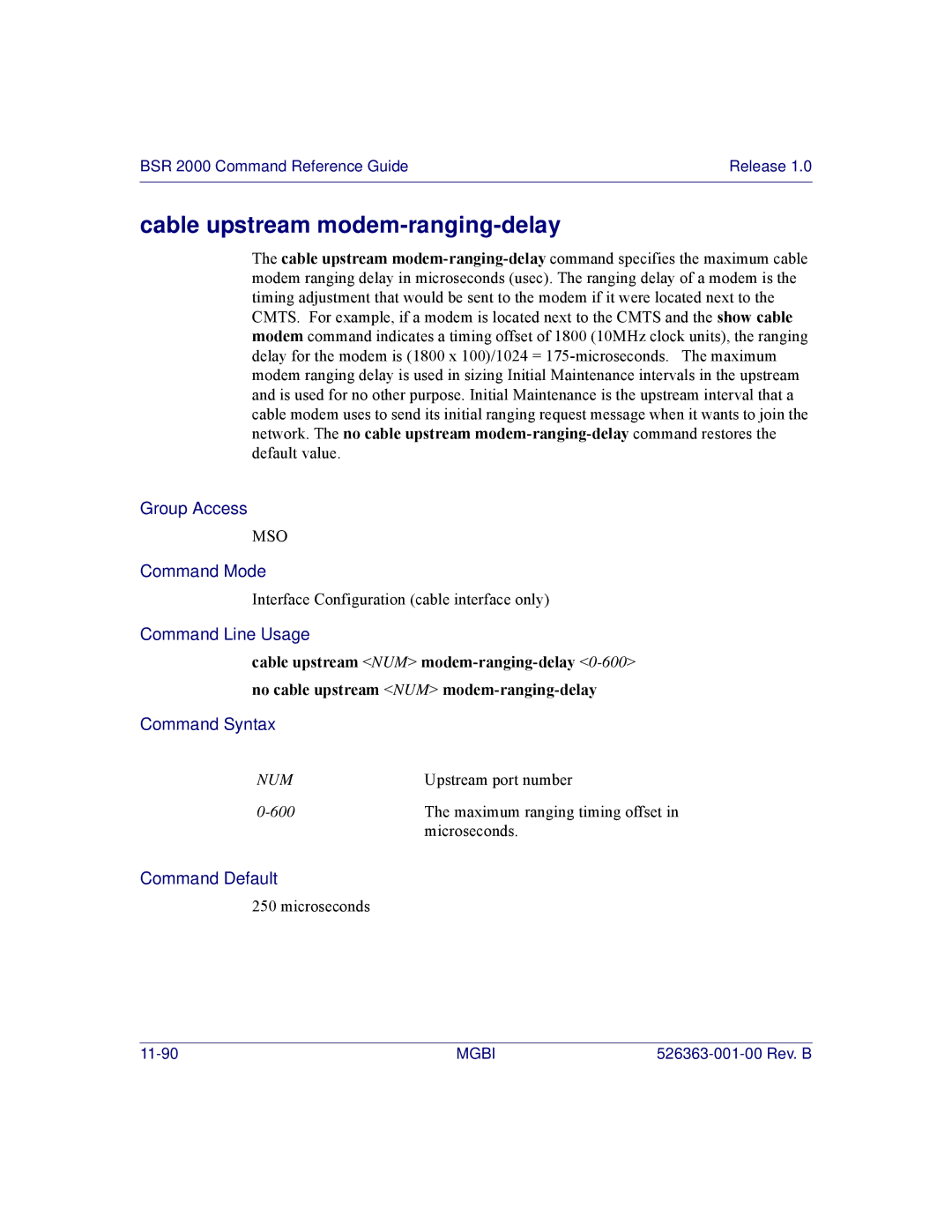 Motorola BSR 2000 manual Cable upstream modem-ranging-delay 