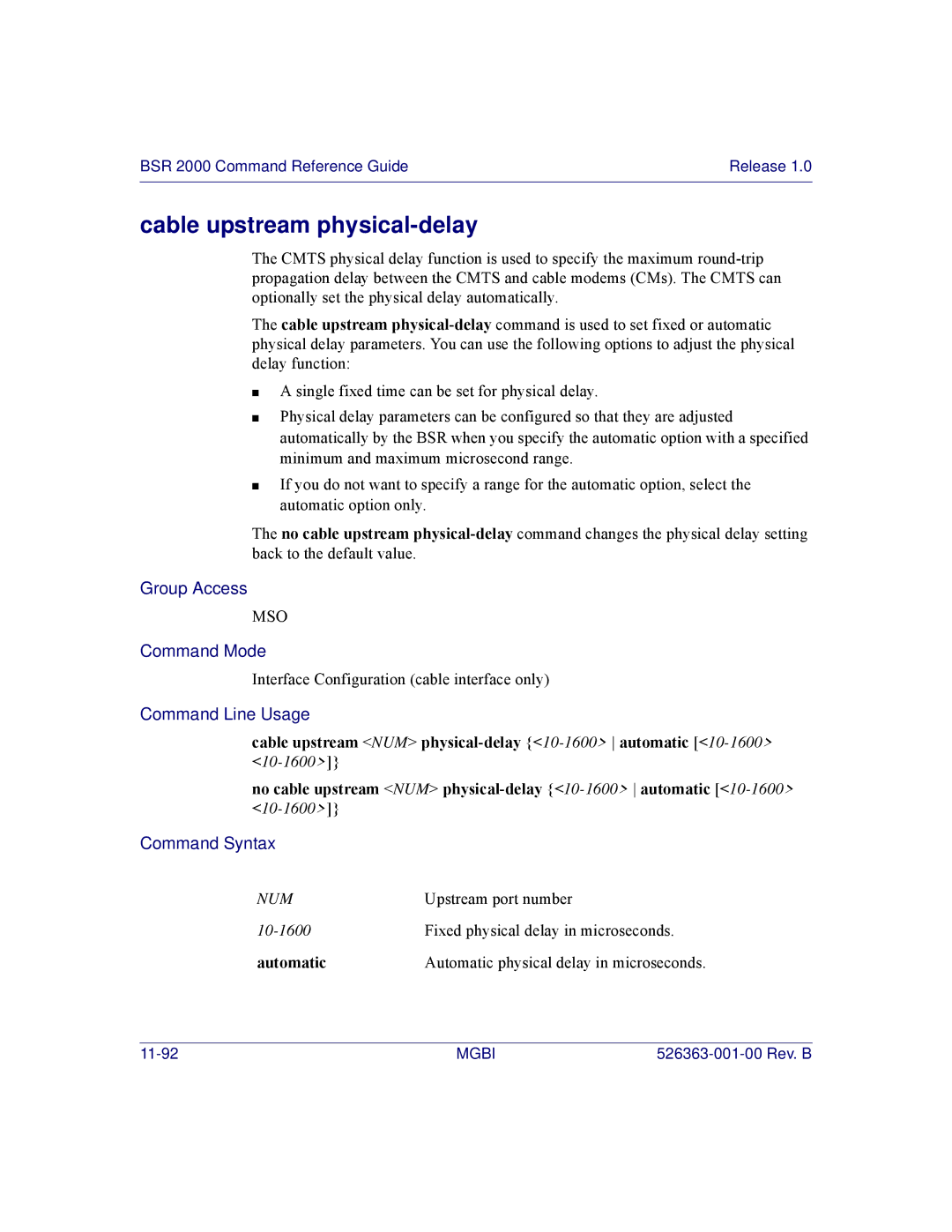 Motorola BSR 2000 manual Cable upstream physical-delay, Automatic 