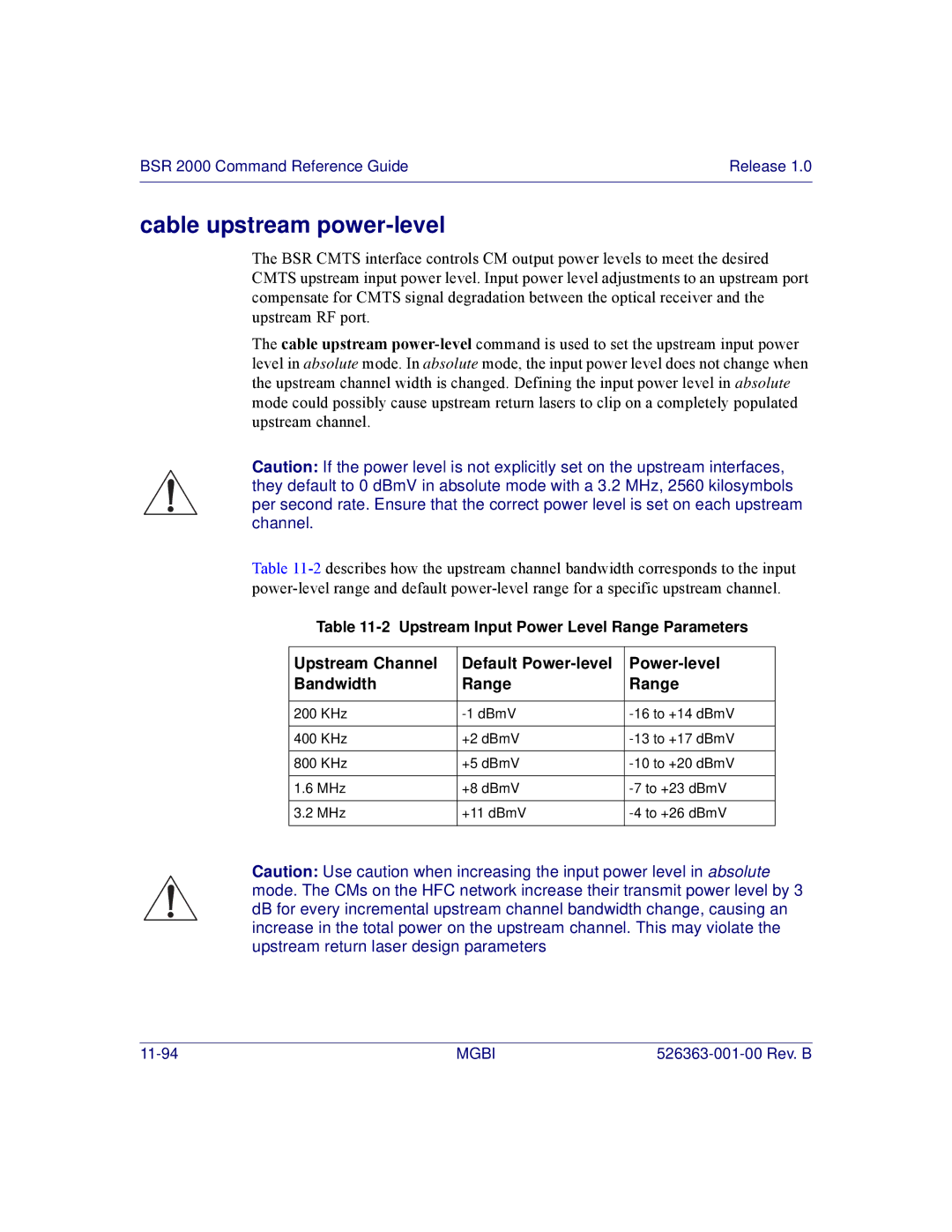 Motorola BSR 2000 manual Cable upstream power-level, Upstream Channel Default Power-level Bandwidth Range 