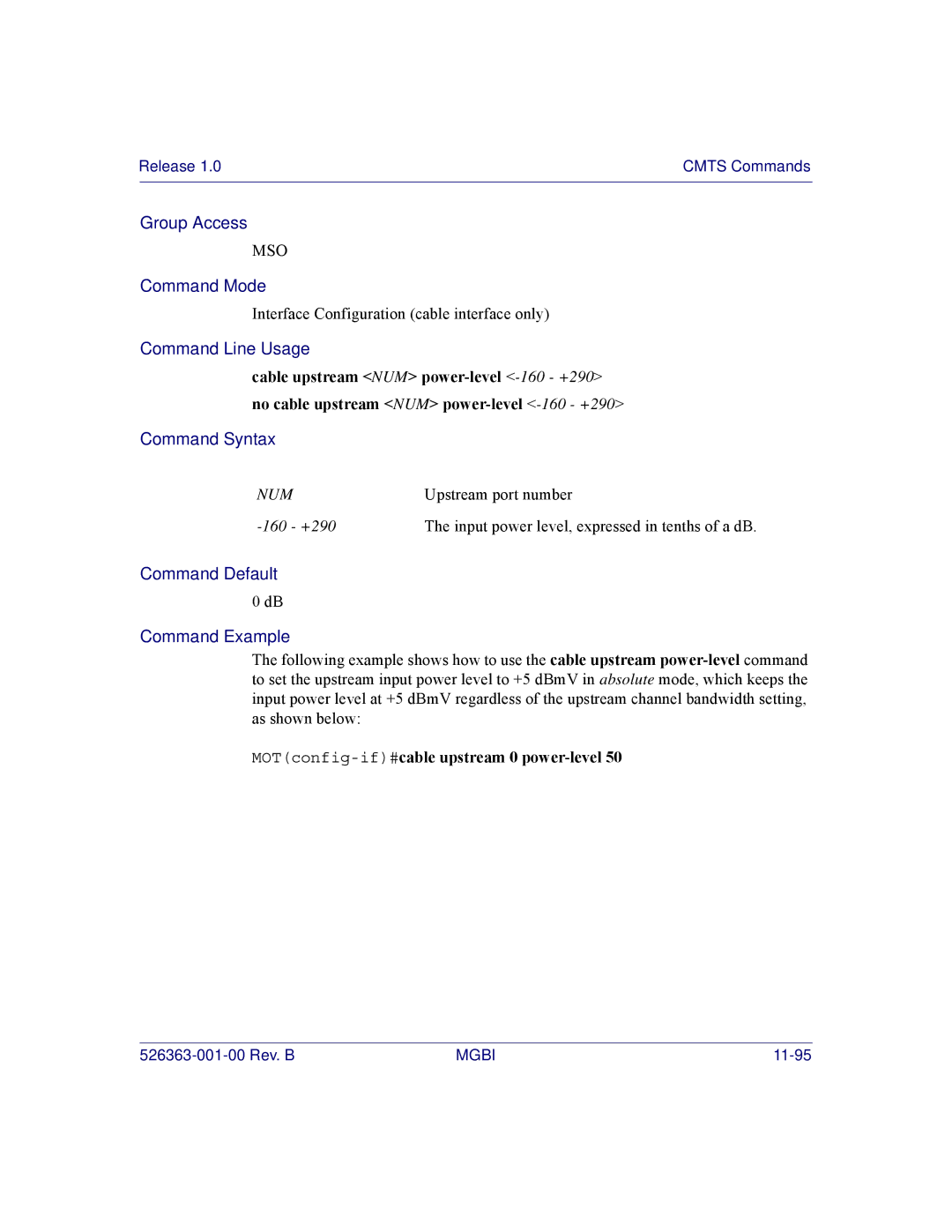 Motorola BSR 2000 manual Command Default Command Example, MOTconfig-if#cable upstream 0 power-level 