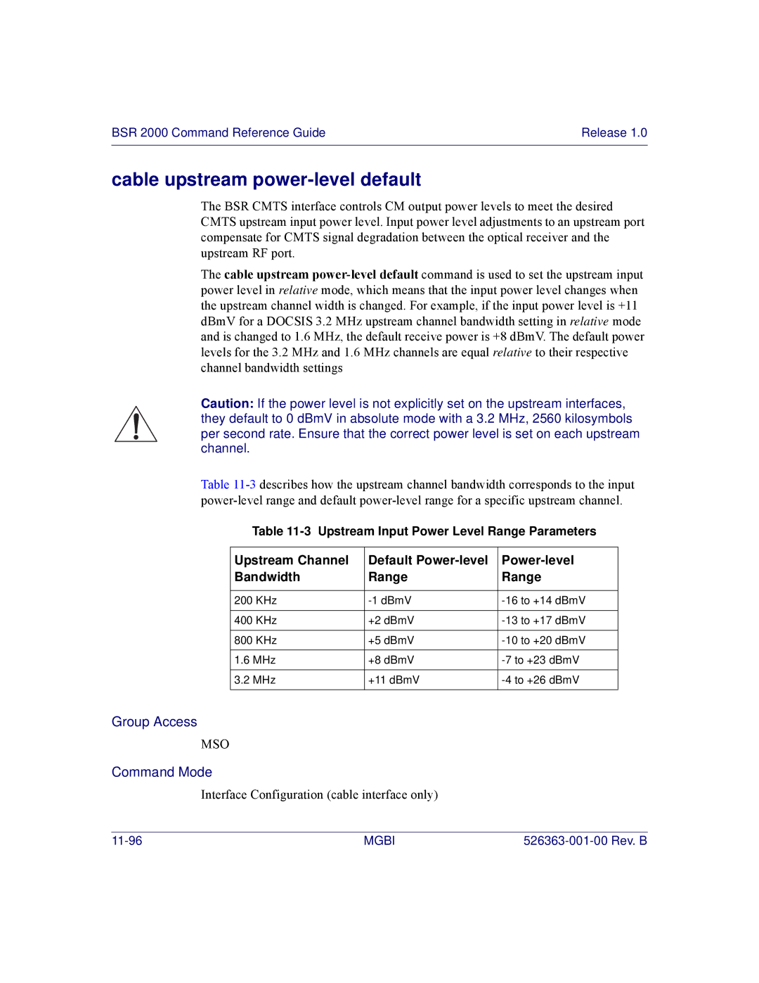 Motorola BSR 2000 manual Cable upstream power-level default 