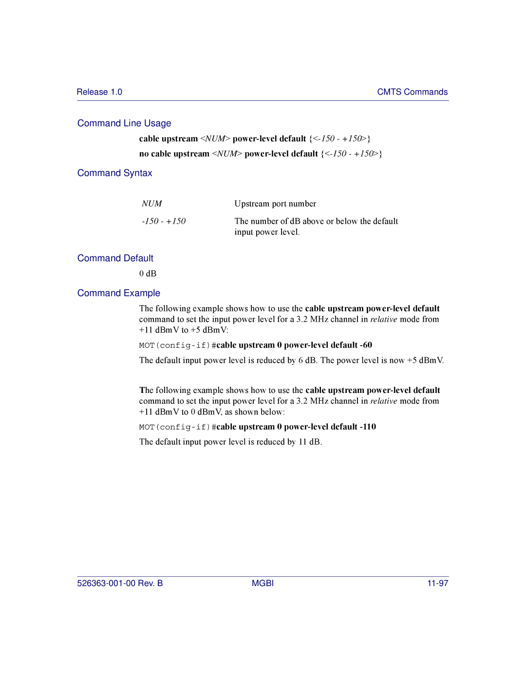 Motorola BSR 2000 manual MOTconfig-if#cable upstream 0 power-level default 