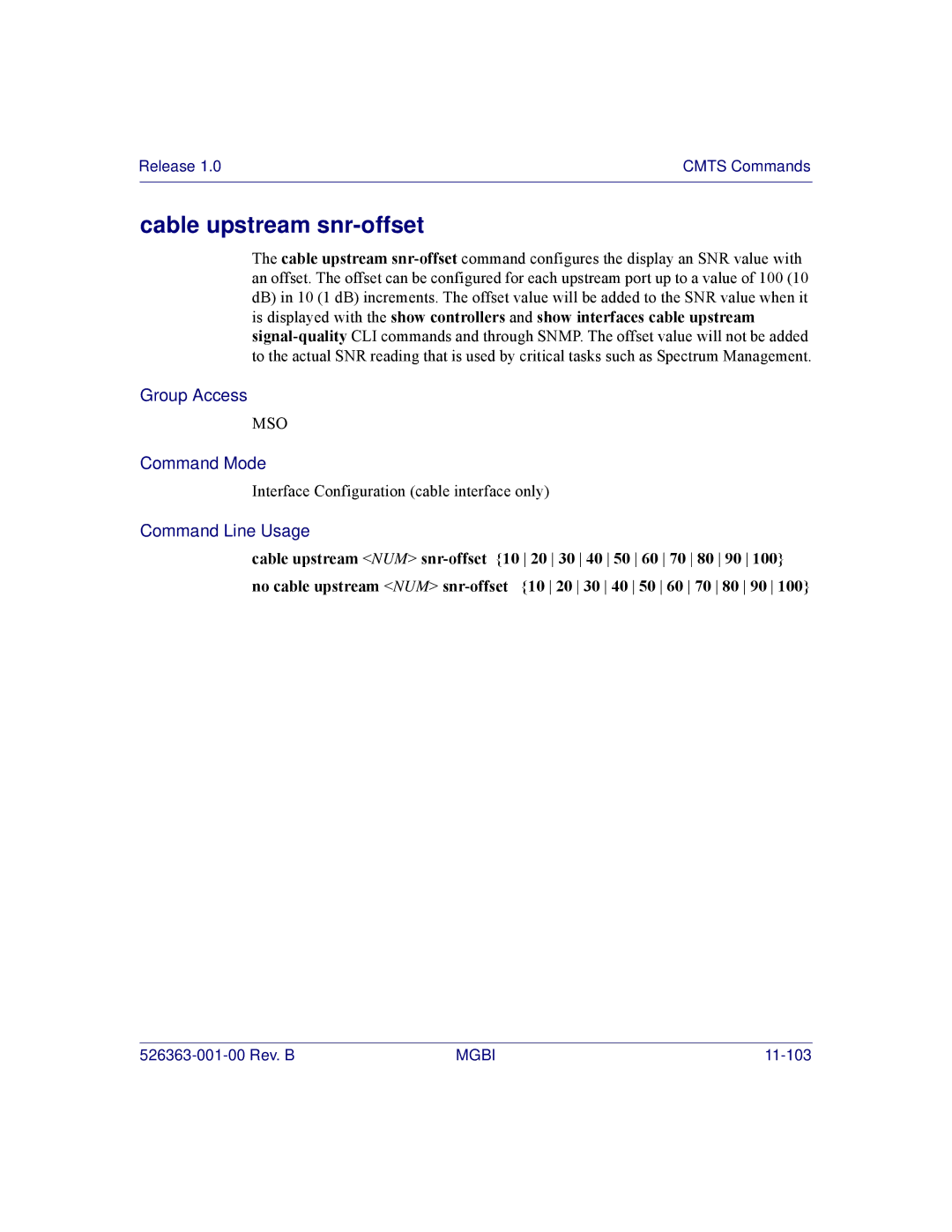 Motorola BSR 2000 manual Cable upstream snr-offset 