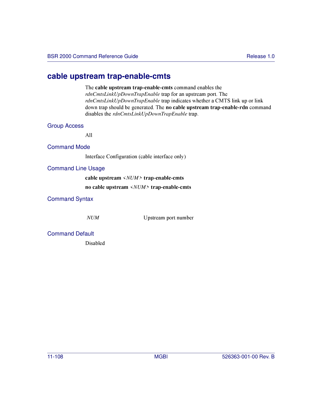 Motorola BSR 2000 manual Cable upstream trap-enable-cmts 