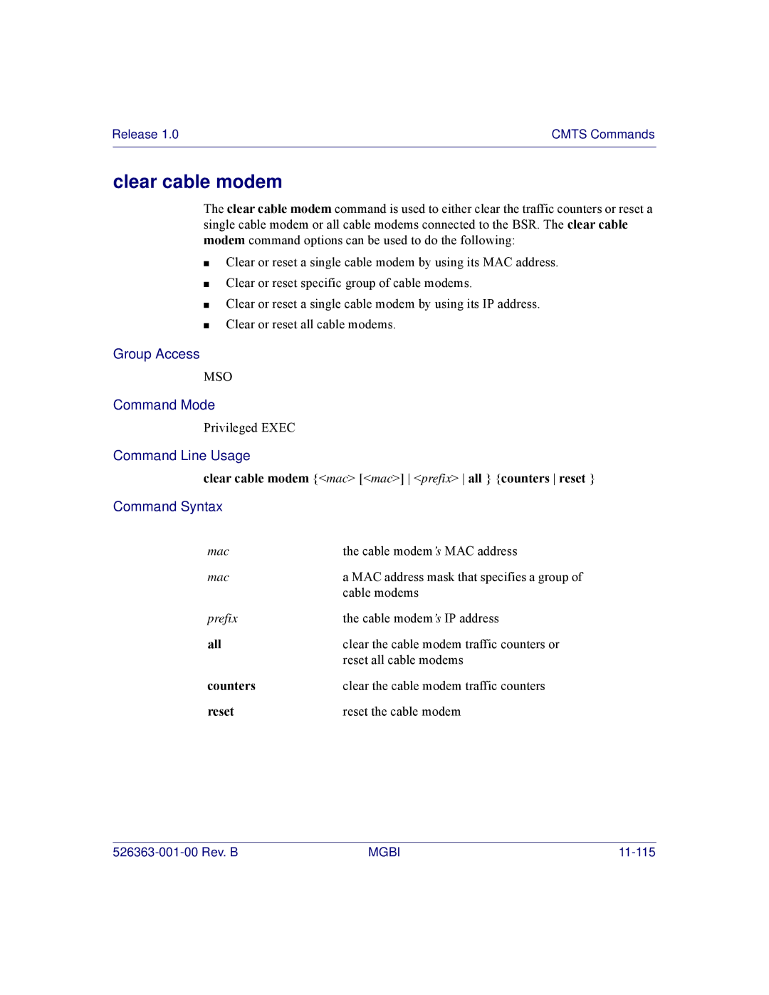 Motorola BSR 2000 manual Clear cable modem mac mac prefix all counters reset, Counters, Reset 