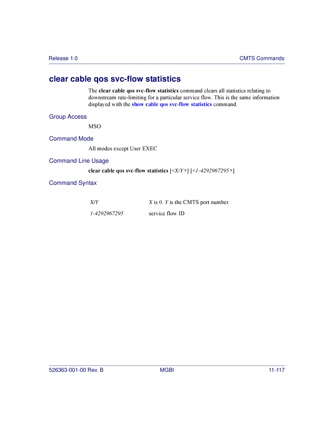 Motorola BSR 2000 manual Clear cable qos svc-flow statistics X/Y 