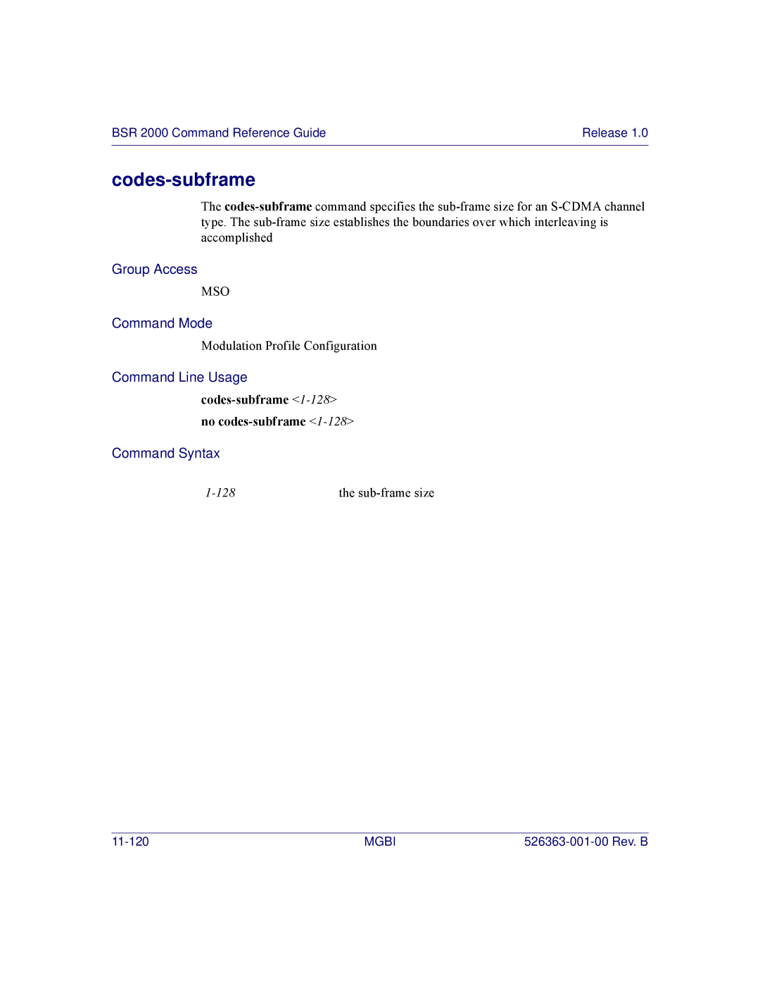 Motorola BSR 2000 manual Codes-subframe 1-128no codes-subframe 