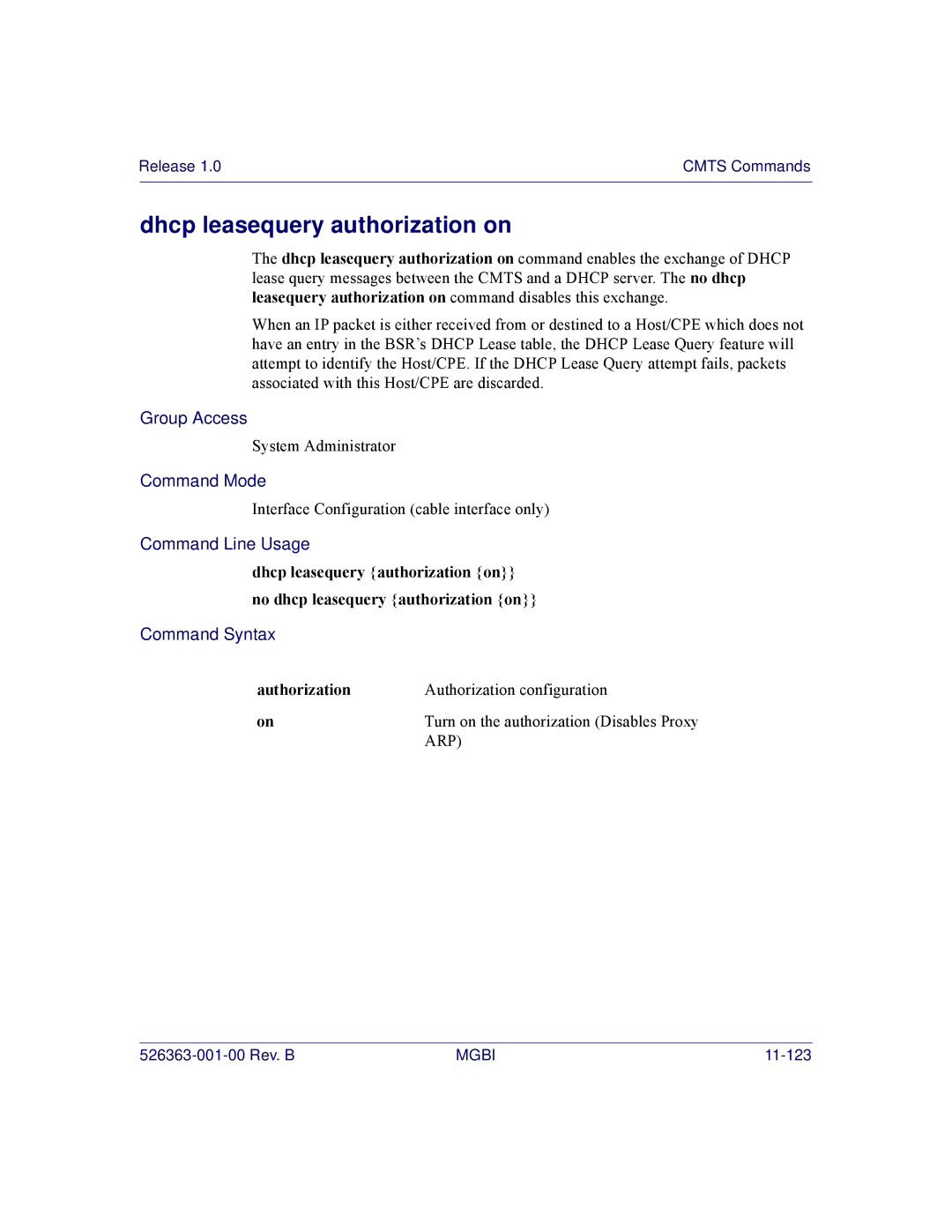 Motorola BSR 2000 manual Dhcp leasequery authorization on, Authorization Authorization configuration 