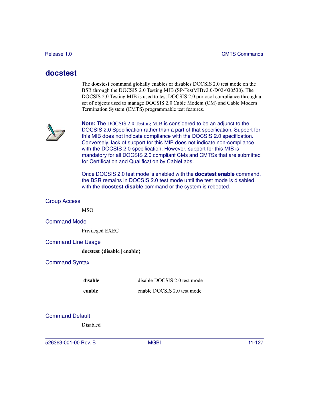 Motorola BSR 2000 manual Docstest disable enable, Enable Enable Docsis 2.0 test mode 