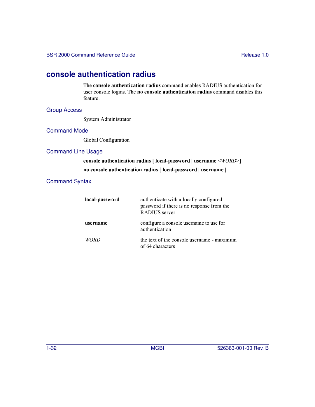 Motorola BSR 2000 manual Console authentication radius, Local-password, Username 