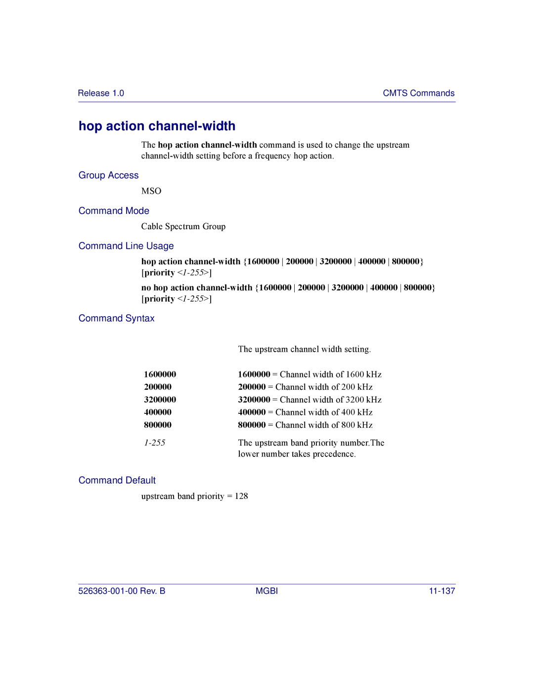 Motorola BSR 2000 manual Hop action channel-width, Upstream channel width setting, 255, Lower number takes precedence 