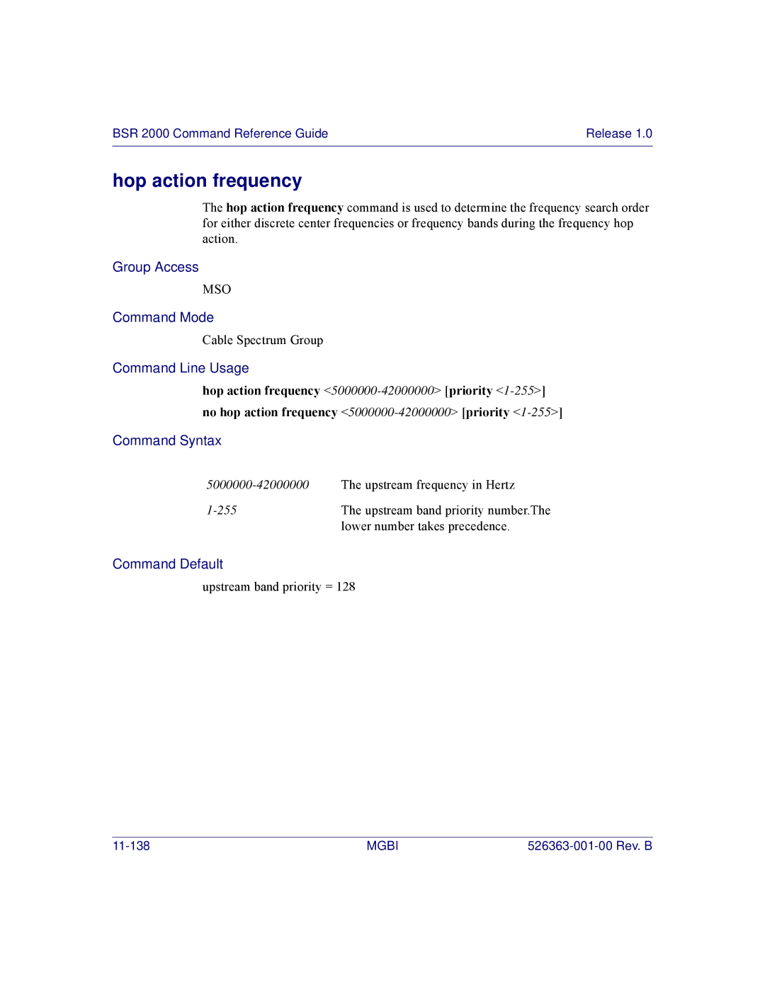 Motorola BSR 2000 manual Hop action frequency 