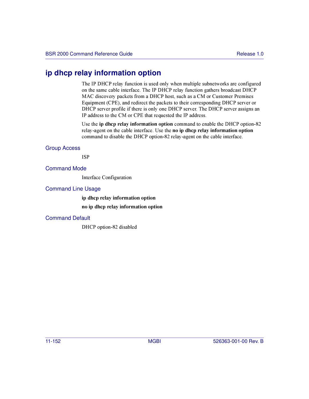 Motorola BSR 2000 manual Ip dhcp relay information option 