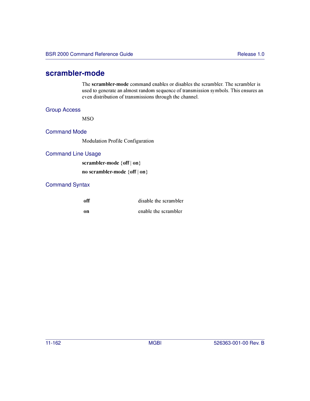 Motorola BSR 2000 manual Scrambler-mode off on no scrambler-mode off on, Off Disable the scrambler Enable the scrambler 