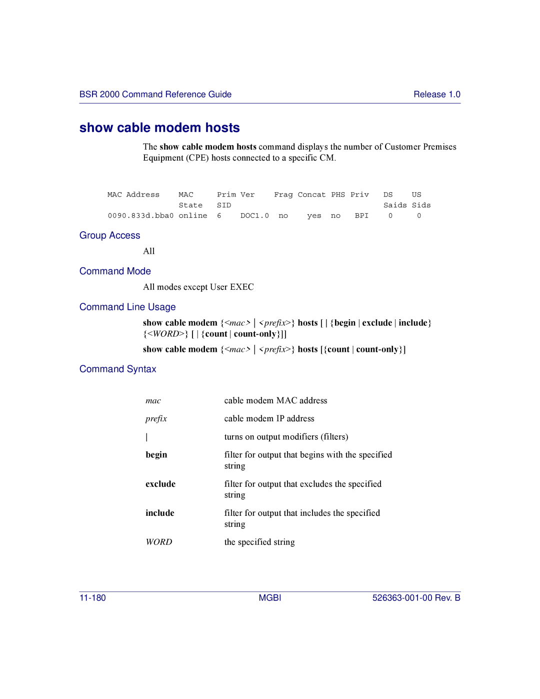 Motorola BSR 2000 manual Show cable modem hosts 