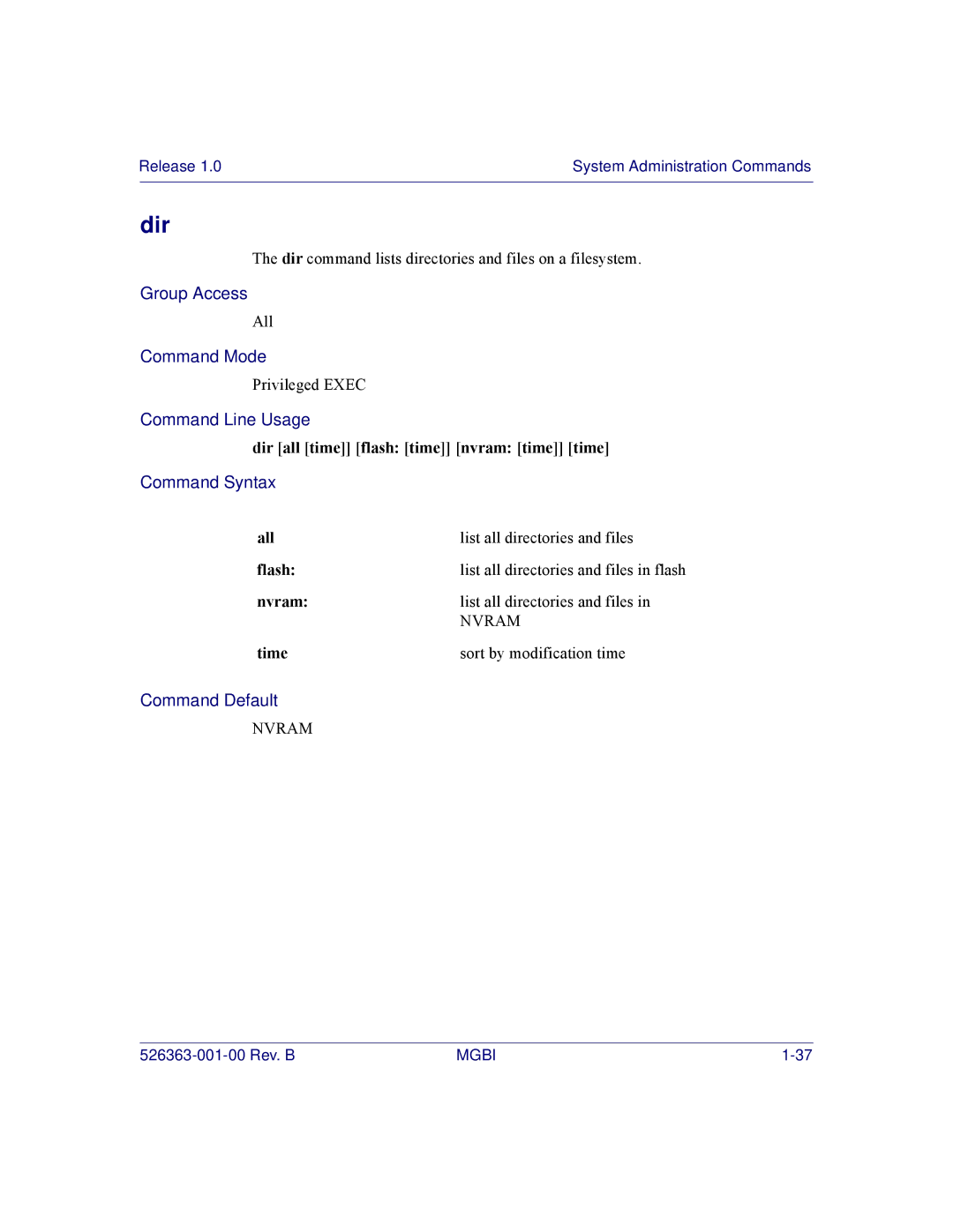 Motorola BSR 2000 manual Dir all time flash time nvram time time, All List all directories and files Flash 