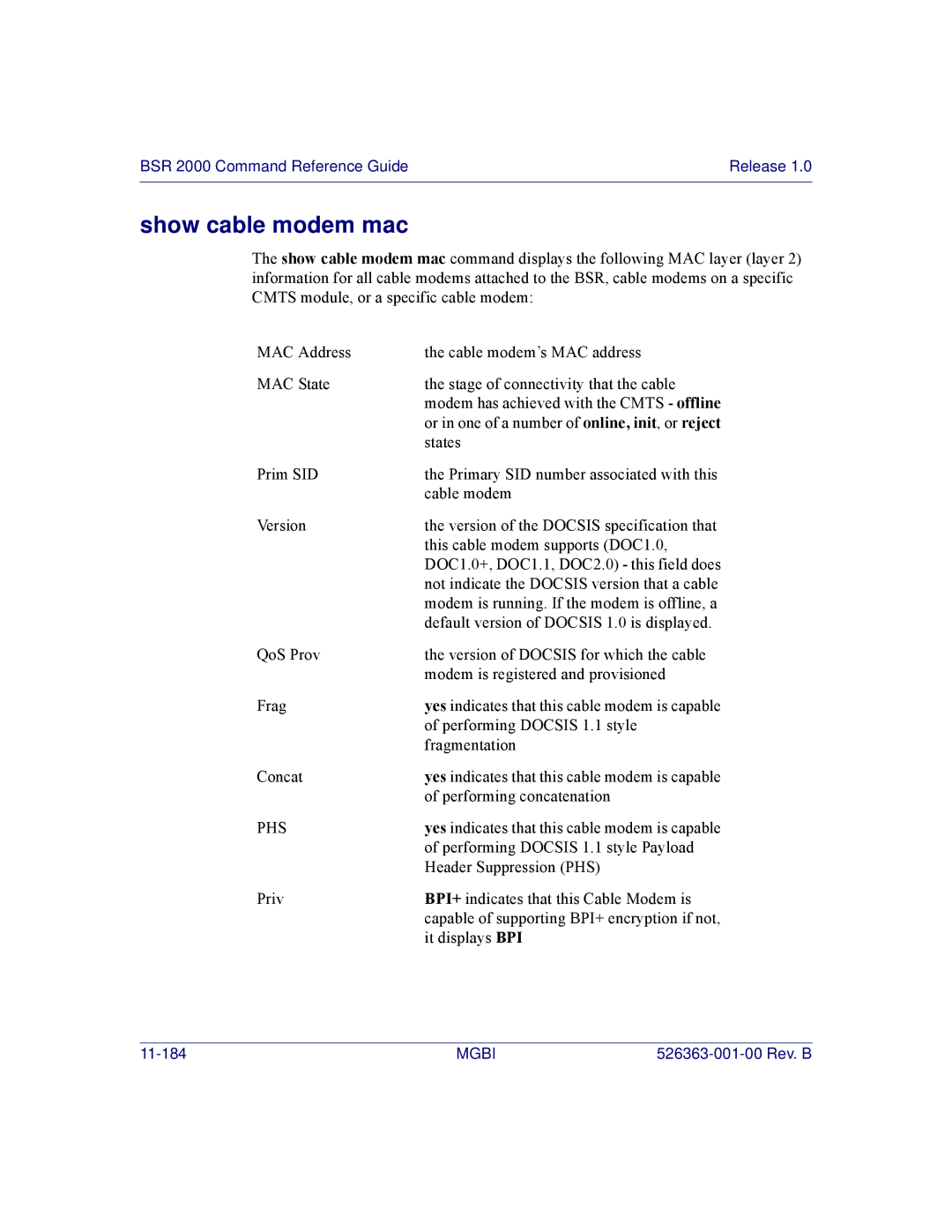 Motorola BSR 2000 manual Show cable modem mac, Phs 