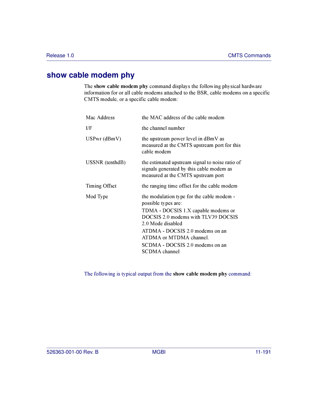 Motorola BSR 2000 manual Show cable modem phy 