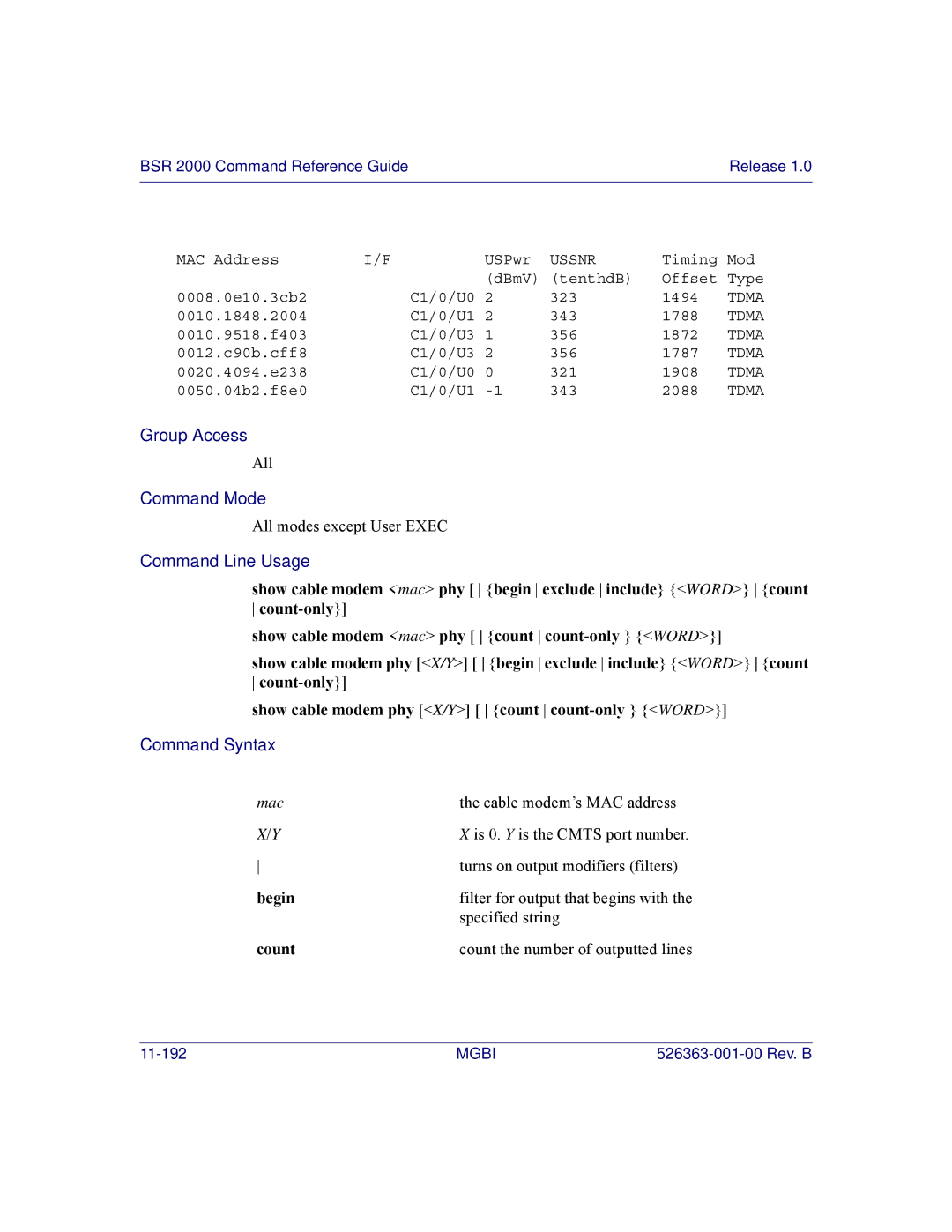 Motorola BSR 2000 manual Mac Cable modem’s MAC address 