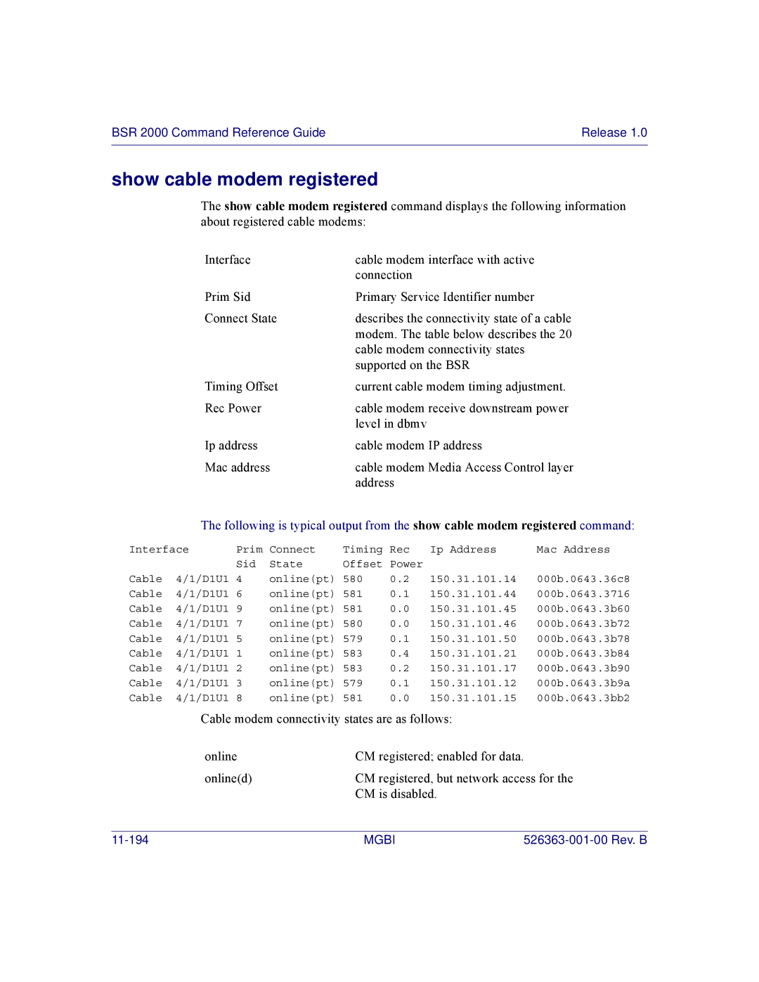 Motorola BSR 2000 manual Show cable modem registered 