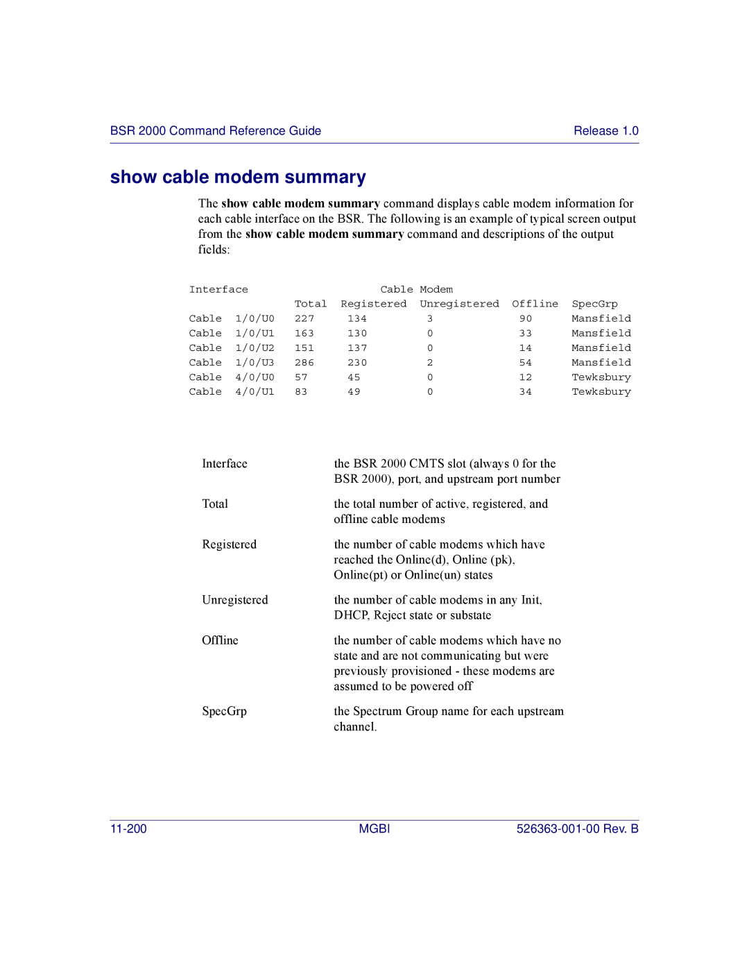 Motorola BSR 2000 manual Show cable modem summary 