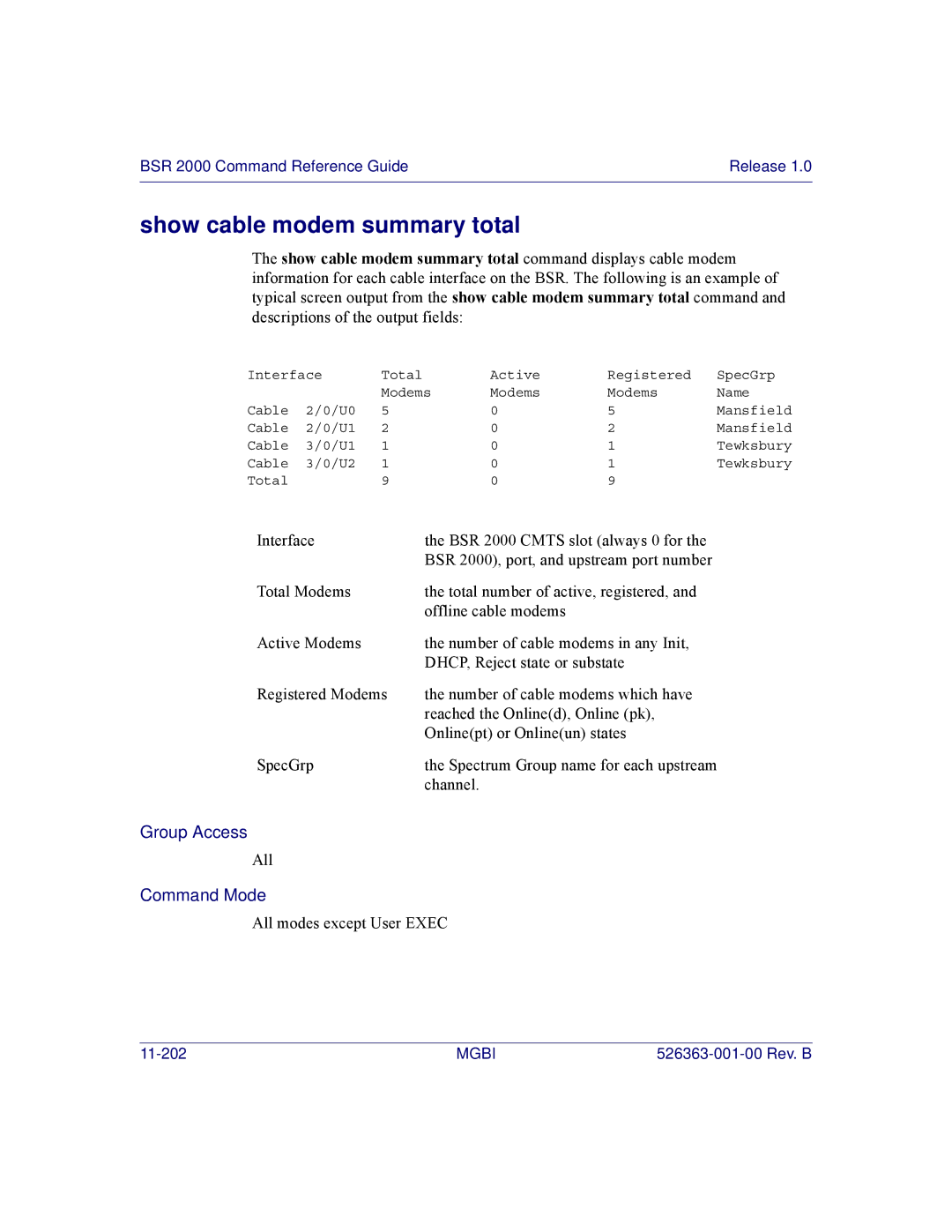 Motorola BSR 2000 manual Show cable modem summary total 