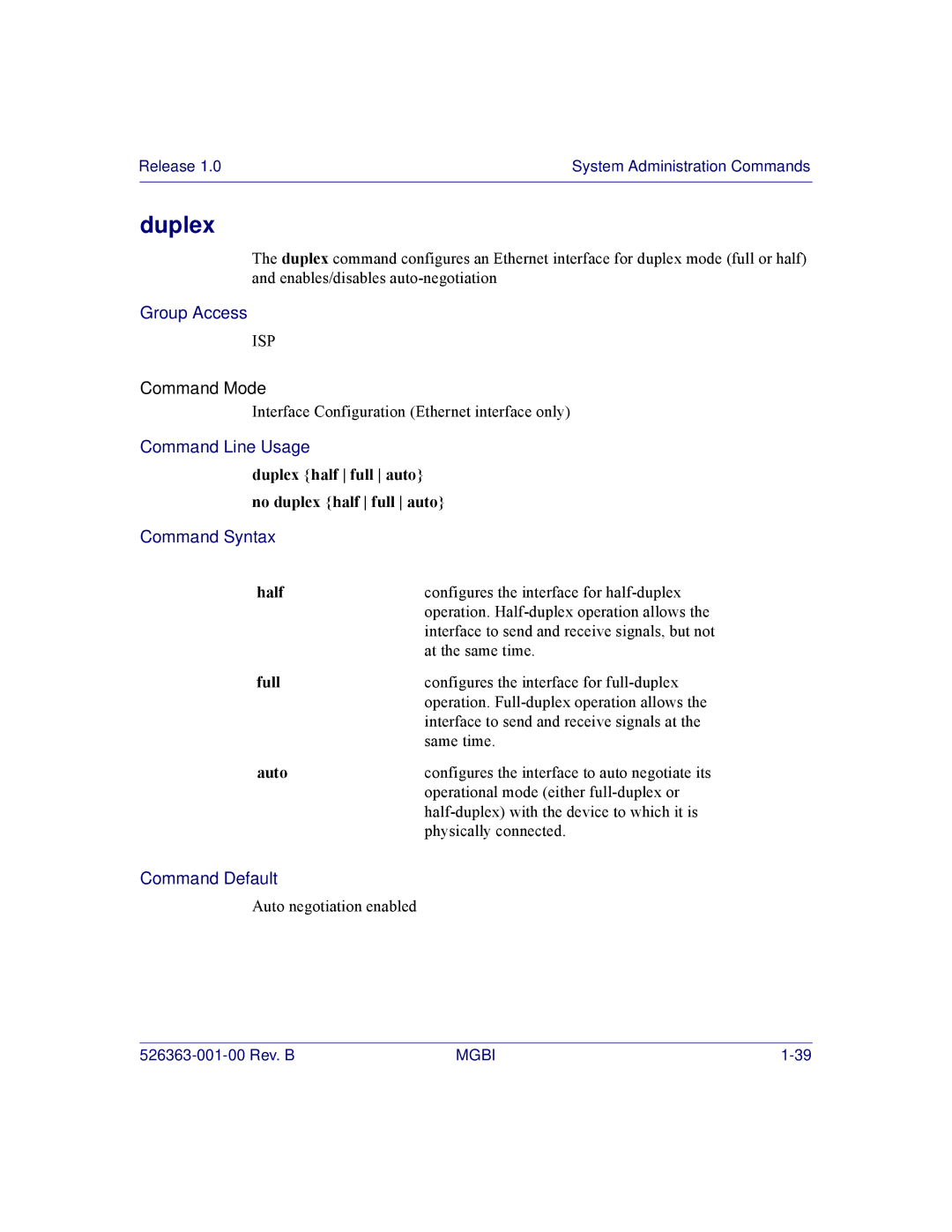 Motorola BSR 2000 manual Duplex, Half, Full, Auto 