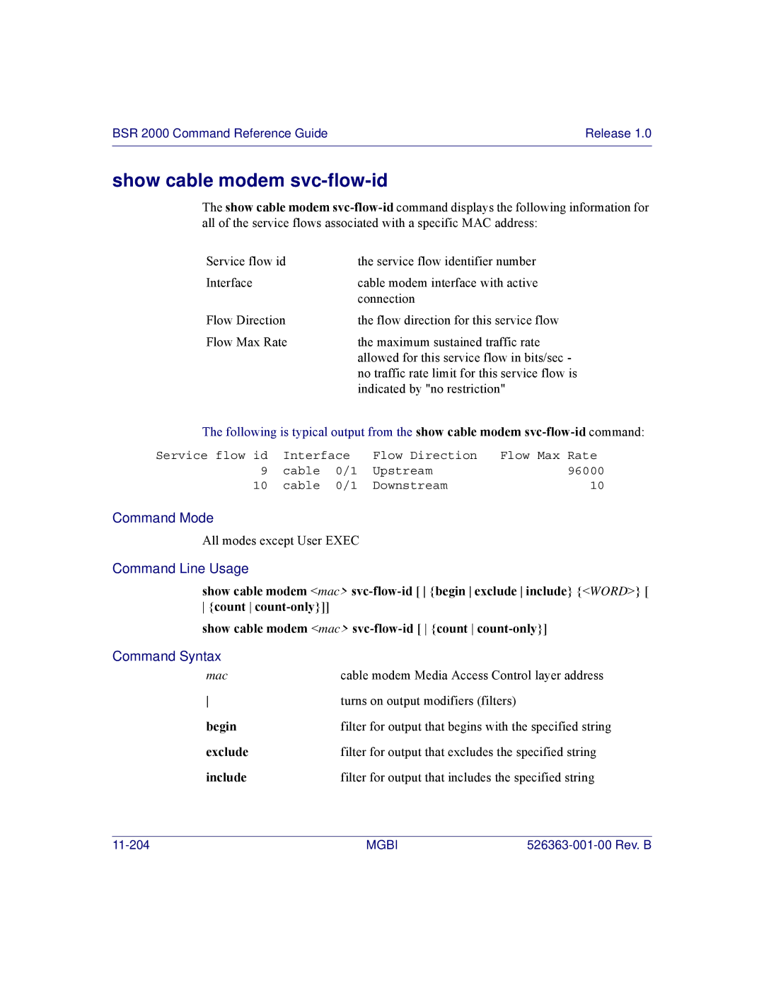 Motorola BSR 2000 manual Show cable modem svc-flow-id, Begin 