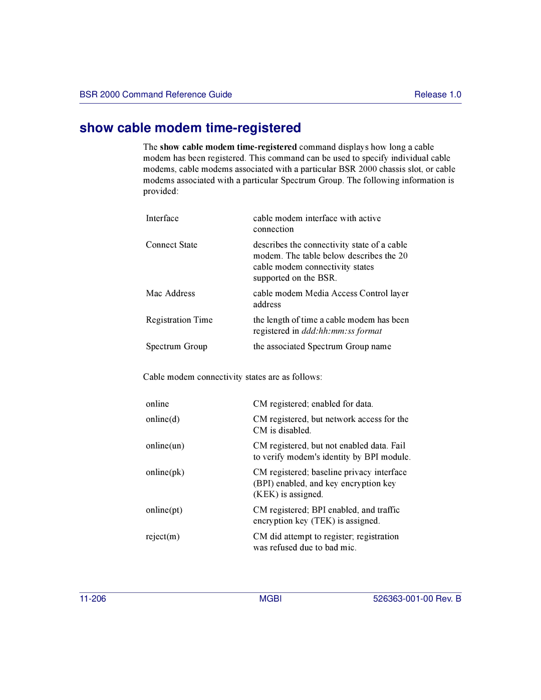 Motorola BSR 2000 manual Show cable modem time-registered 