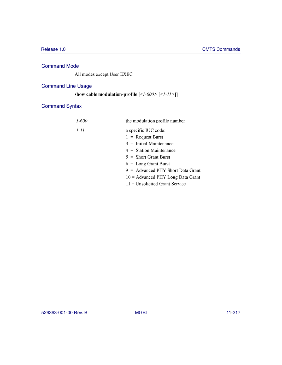 Motorola BSR 2000 manual Show cable modulation-profile, = Long Grant Burst 