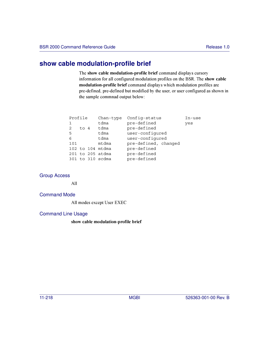 Motorola BSR 2000 manual Show cable modulation-profile brief 