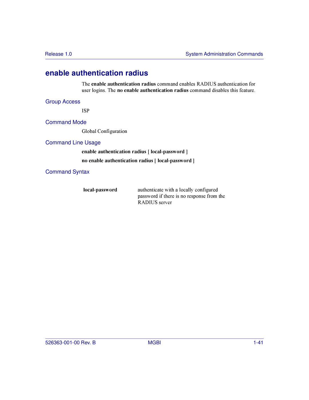 Motorola BSR 2000 manual Enable authentication radius, Local-password 