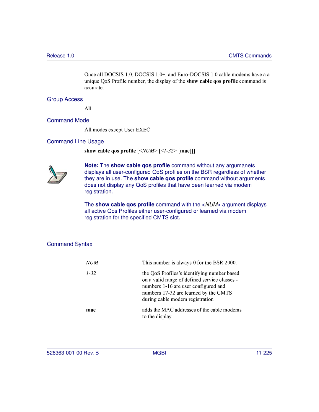 Motorola BSR 2000 manual Show cable qos profile NUM 1-32 mac, Mac 