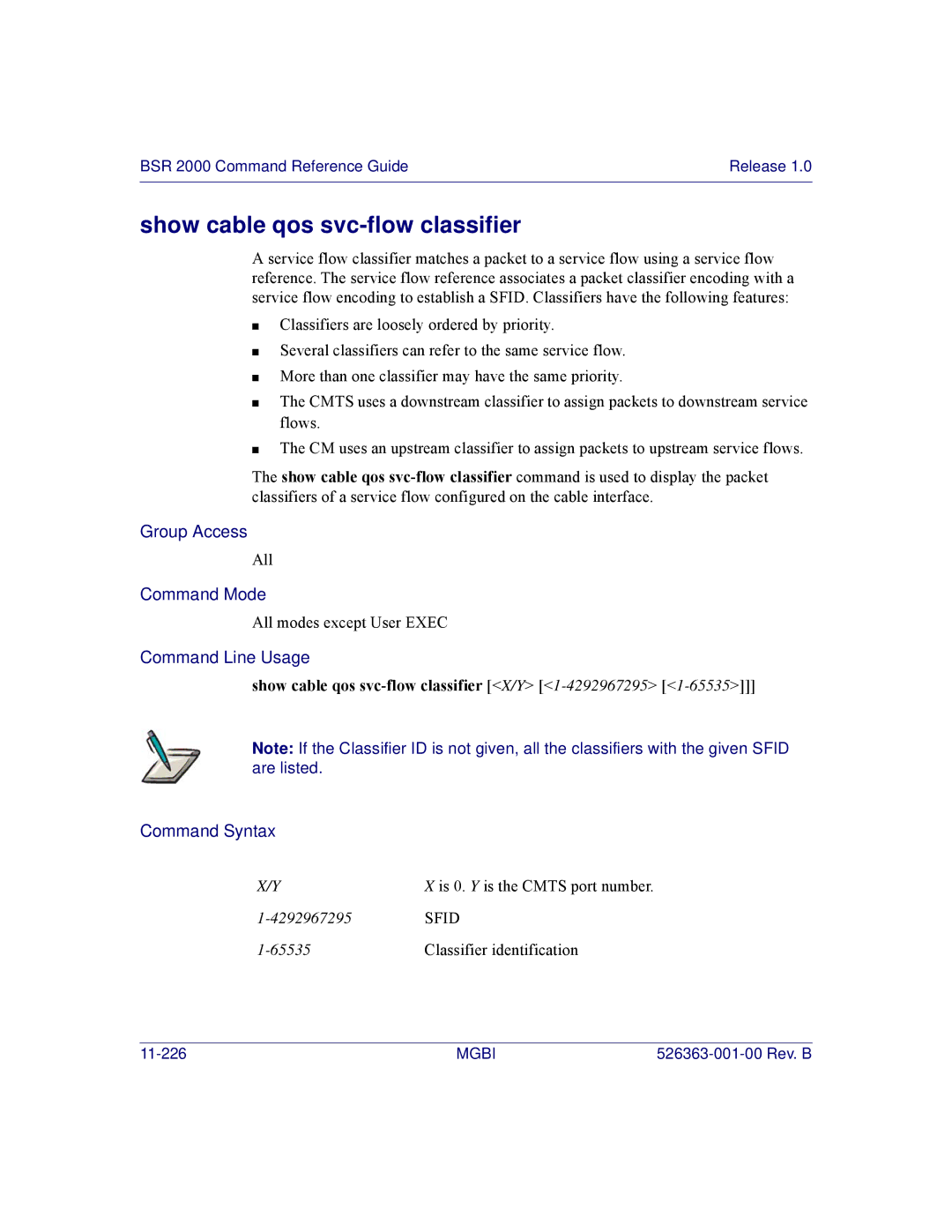 Motorola BSR 2000 manual Show cable qos svc-flow classifier X/Y 