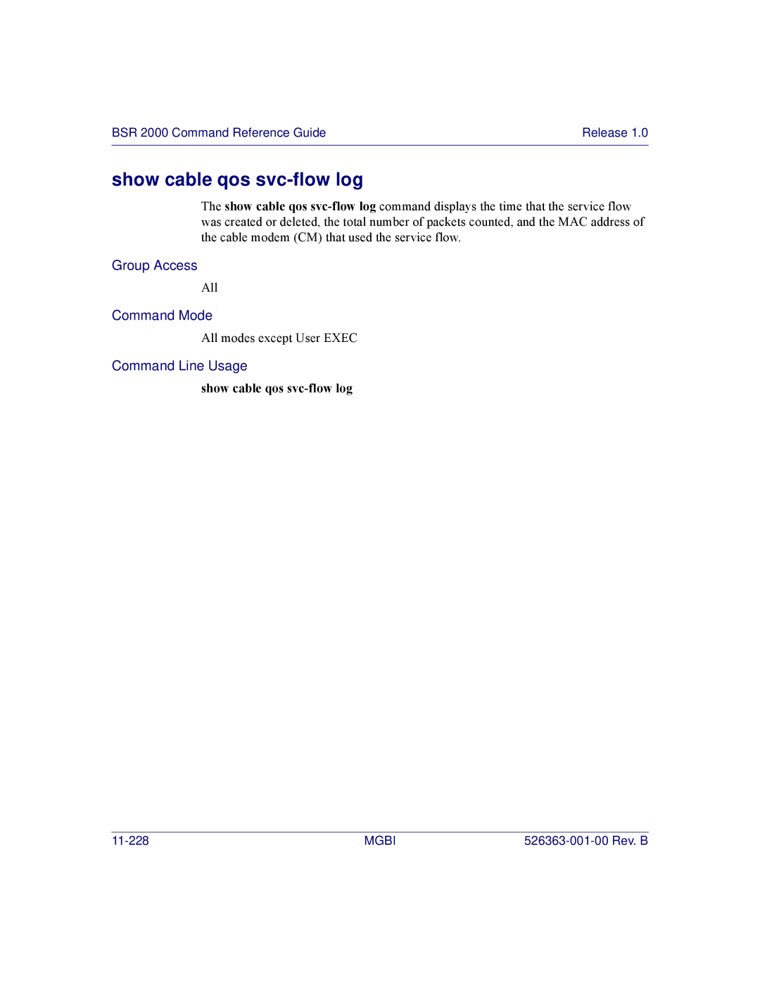 Motorola BSR 2000 manual Show cable qos svc-flow log 