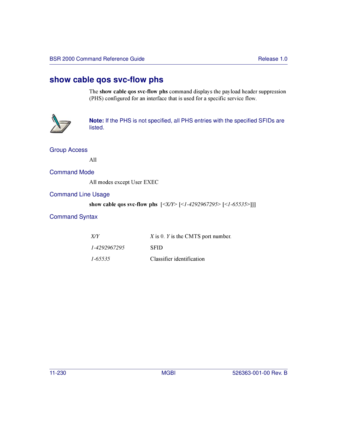 Motorola BSR 2000 manual Show cable qos svc-flow phs X/Y 