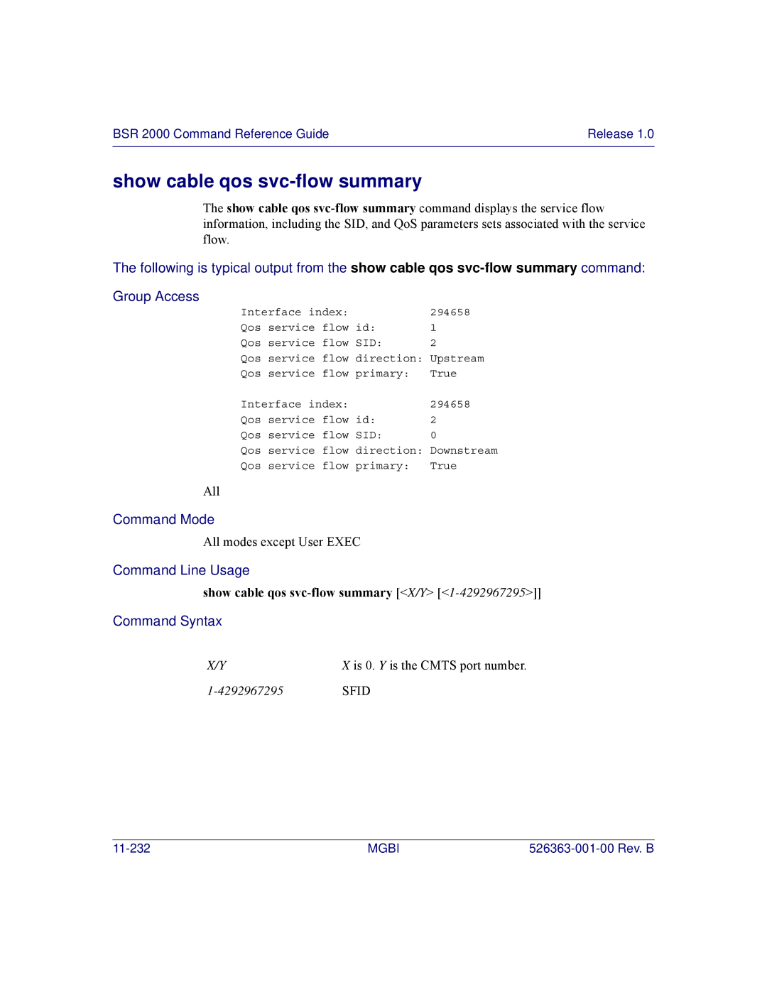 Motorola BSR 2000 manual Show cable qos svc-flow summary X/Y 